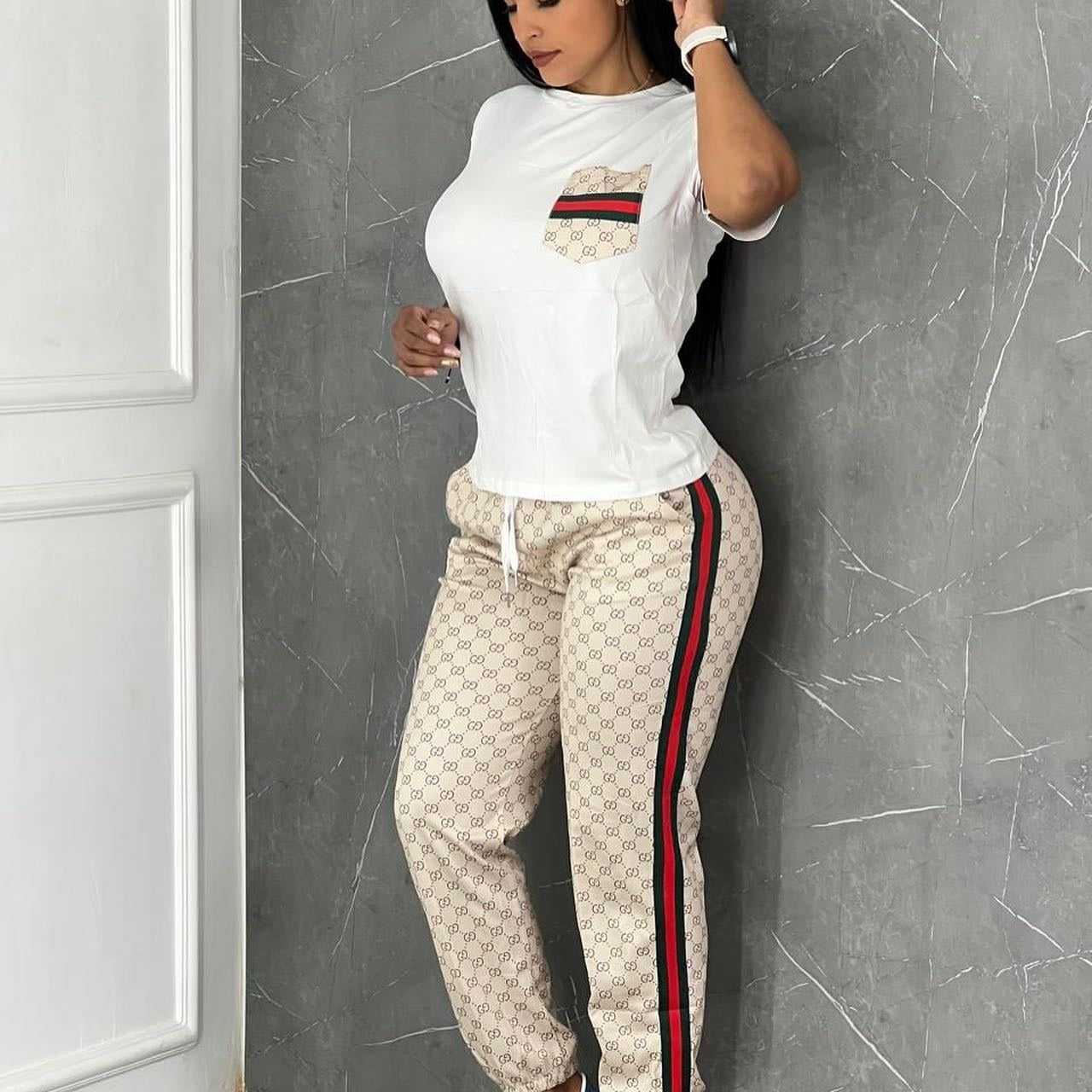 Women Contrast Color Printed Short Sleeve Top and Pants Two-piece Set 3