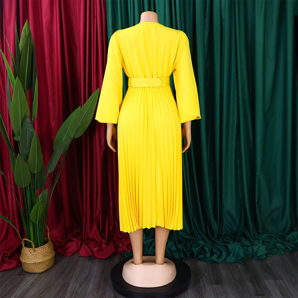 Plus Size Women Long Sleeve V-Neck Pleated Maxi Dress 26