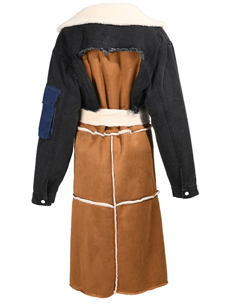 Winter Black Denim Patch Fleece Full Sleeves Thick Long Coat 5