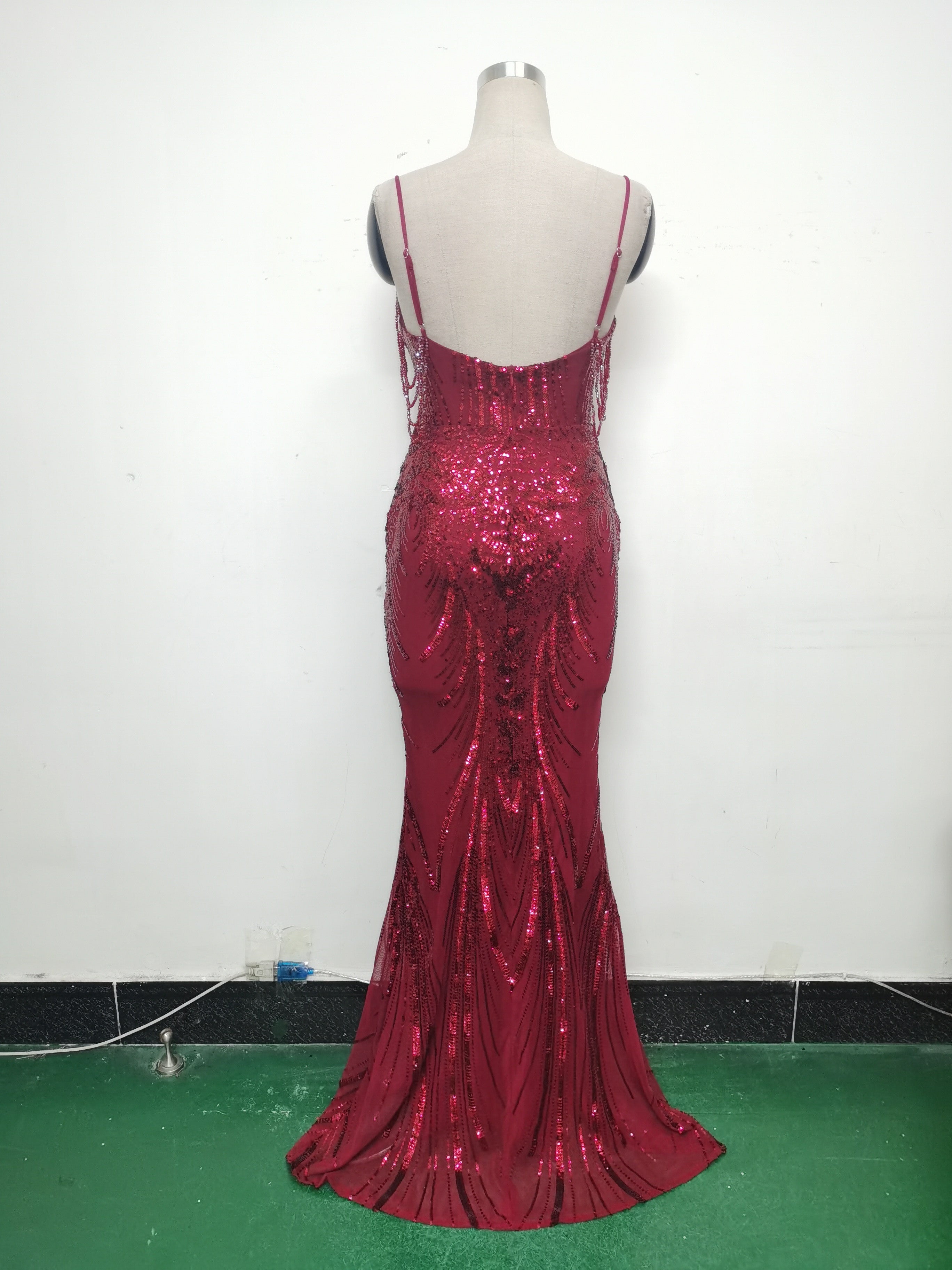 Fishbone Slim Waist Sexy Rhinestone Chain Strap Evening Dress 23