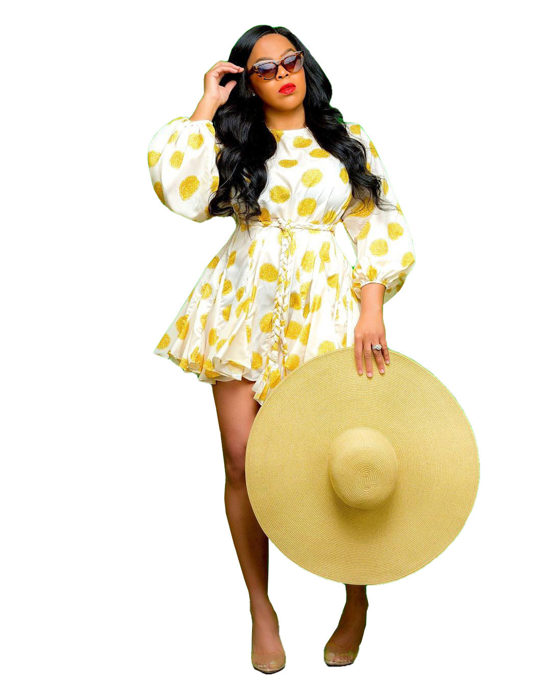 Women's Polka Dot Long Sleeve Lantern Sleeve Short Dress