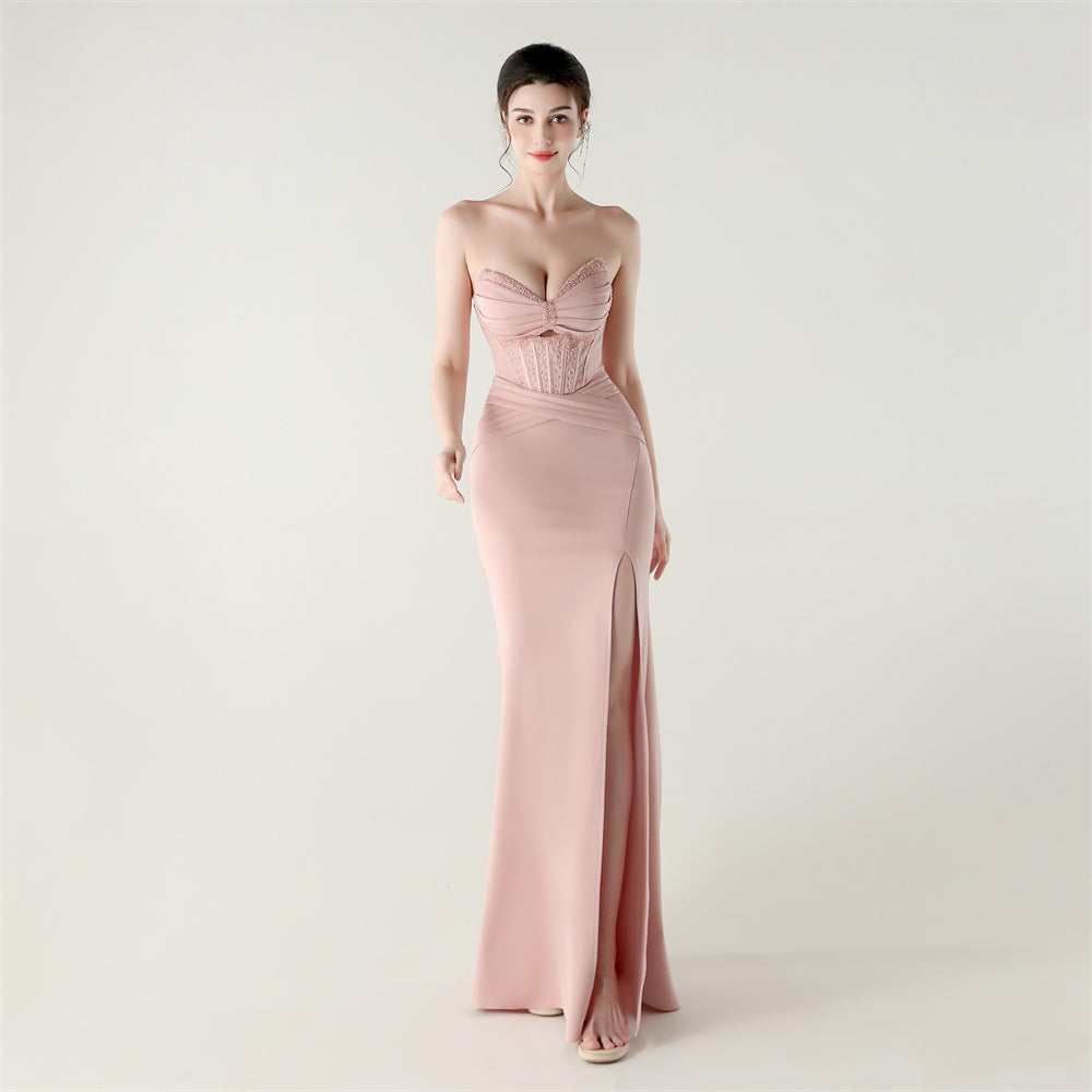 Women herringbone Lace-Up wrapped chest pleated hollow Formal Party evening dress 7