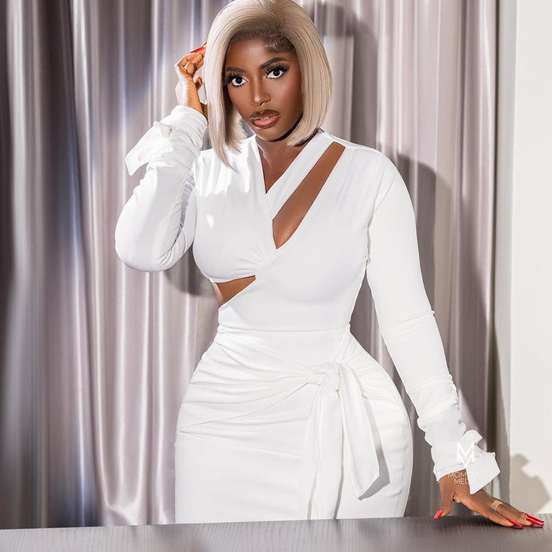 Women Solid Sexy V Neck Backless Lace-up Dress 6