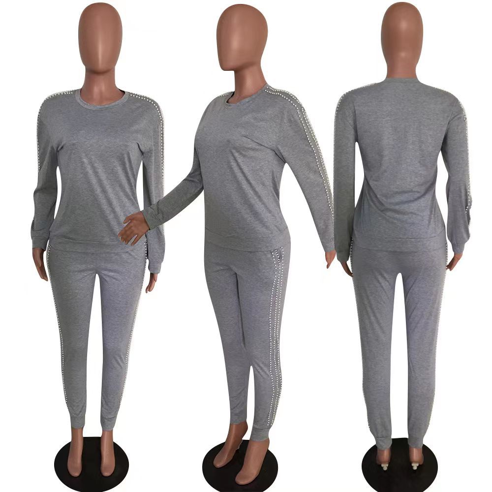 Women Casual Beading Round Neck Long Sleeve Top and Pant Two-piece Set 19