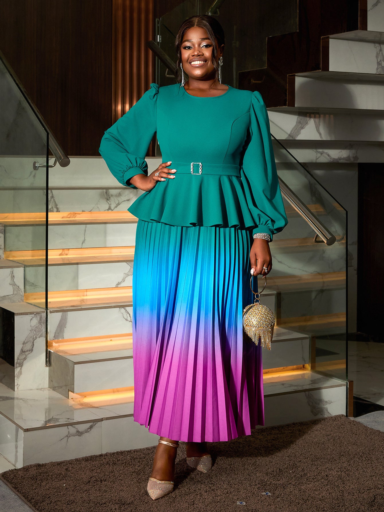 Women gradient lantern sleeve party pleated dress 6