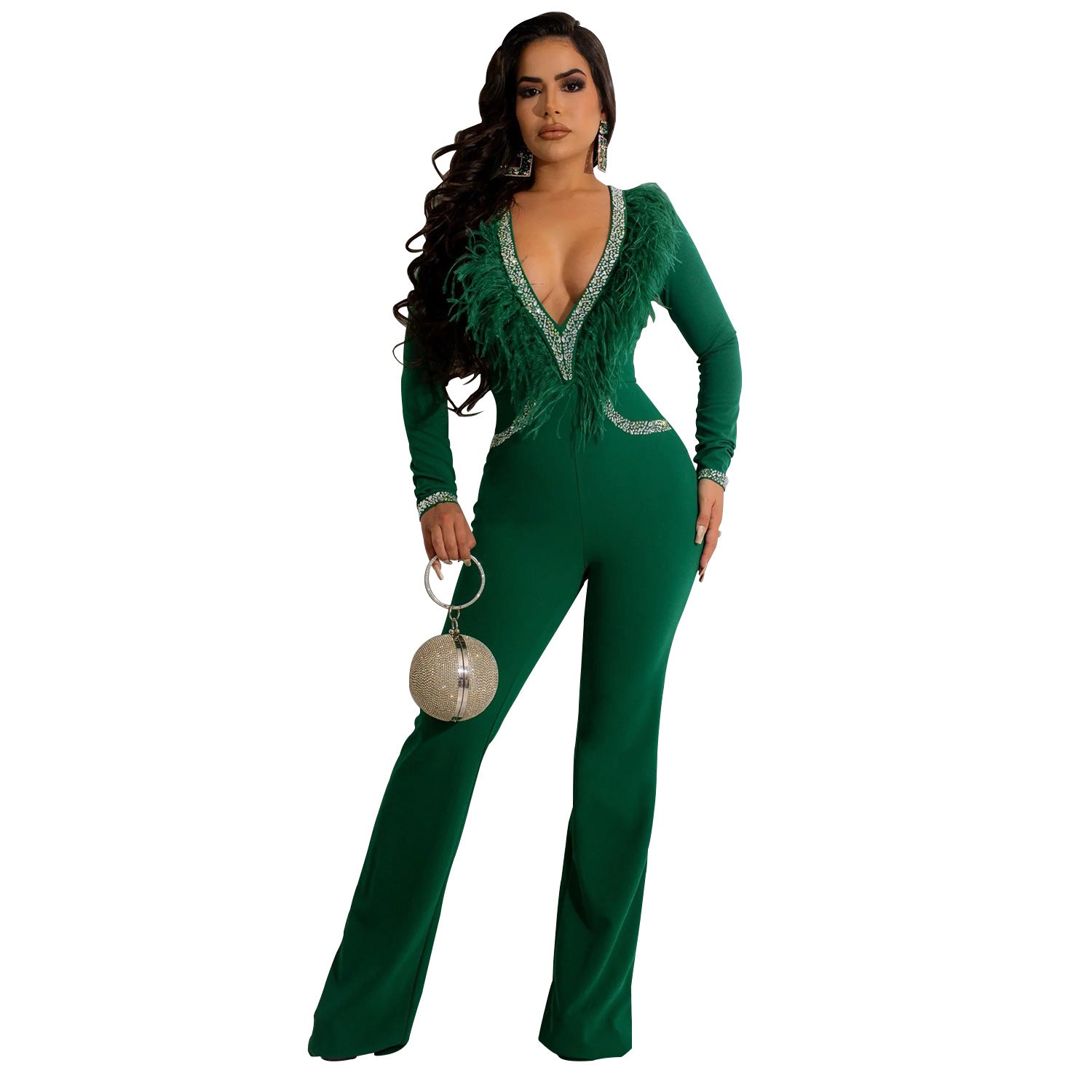 Women'S Fashion Feather Patchwork Beaded V-Neck Long Sleeve One Peice Trousers Sexy Ladies Jumpsuit 3