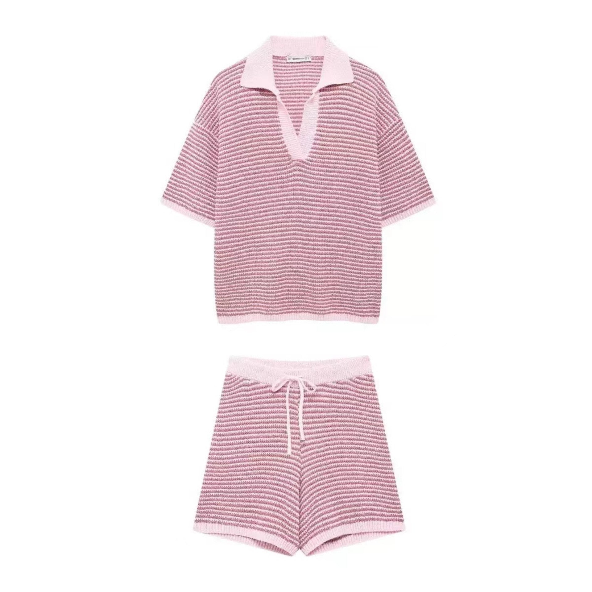 Summer Women's Loose Knit Turndown Collar Top & High-Waist Shorts 9