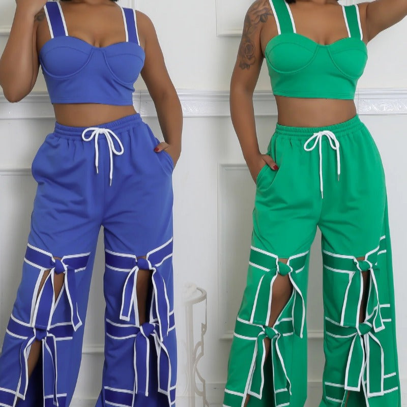 Women's Strap High-Waist Lace-Up Fashion Two Piece Pants Set 7