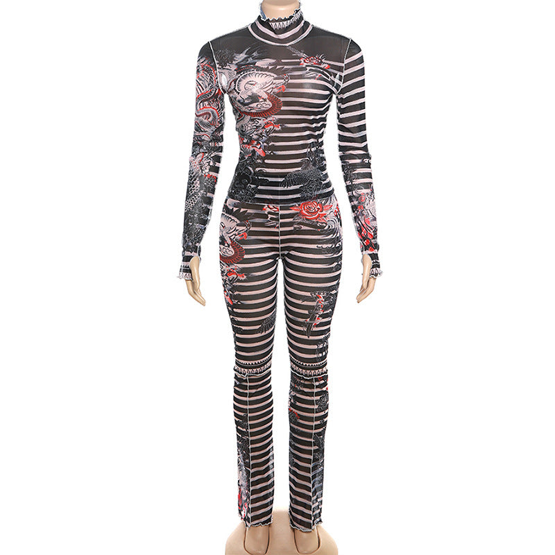 Women sexy mesh See-Through printed Top and high-waisted Casual trousers two-piece set 11