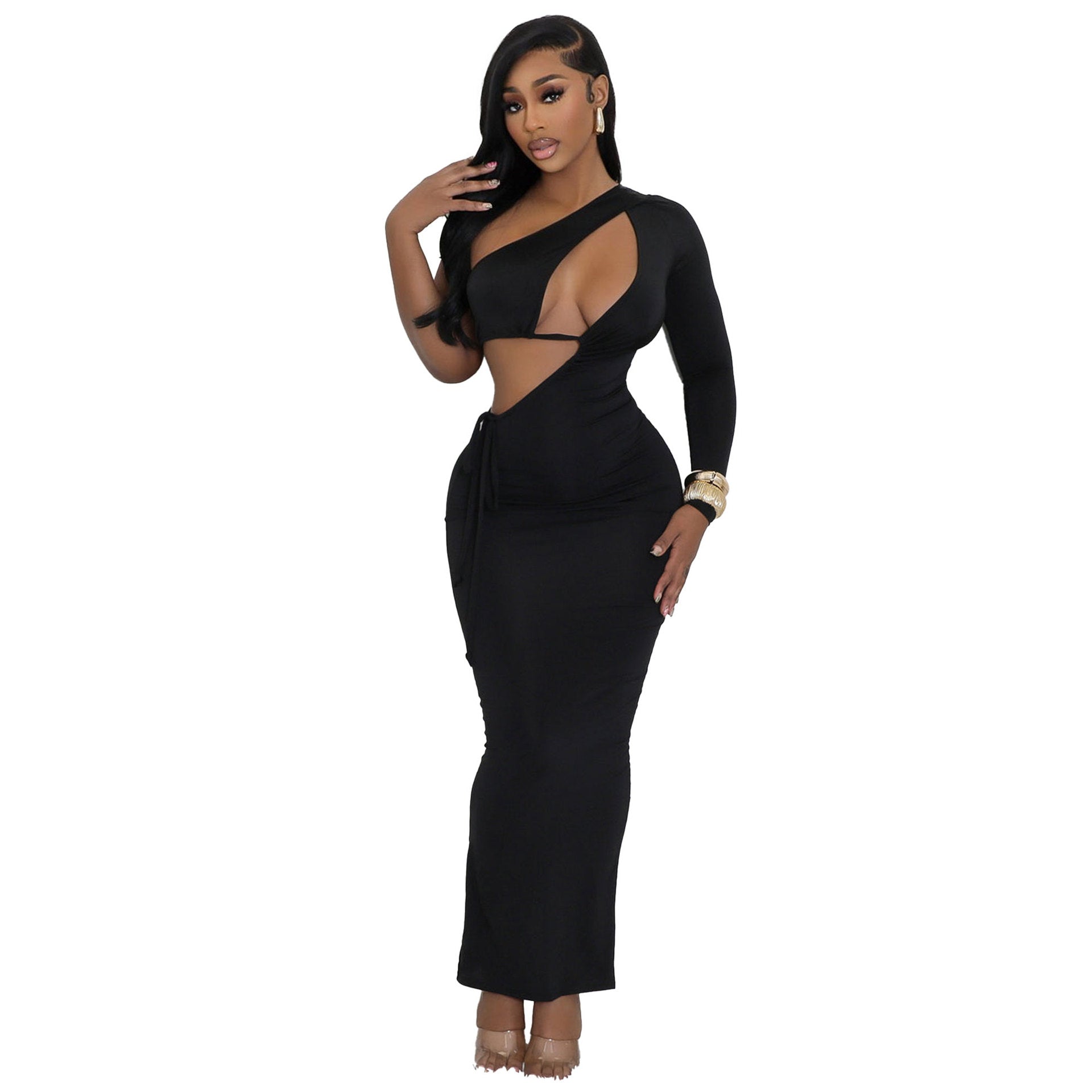 Autumn Winter One Shoulder Long Sleeve Open Waist Tight Fitting Dress 8