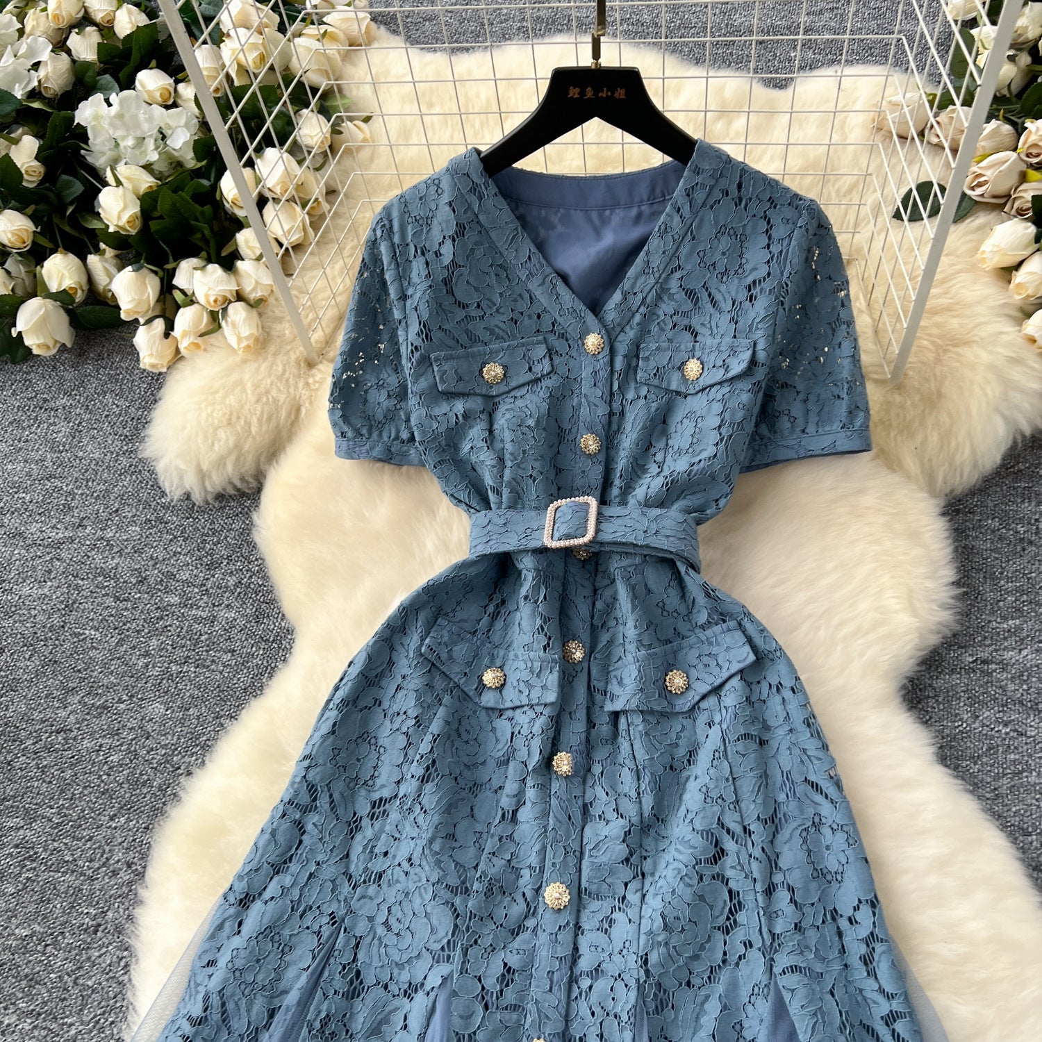 Women French V-Neck Metal Buttoned Mesh Patchwork Lace Ruffle Dress 15