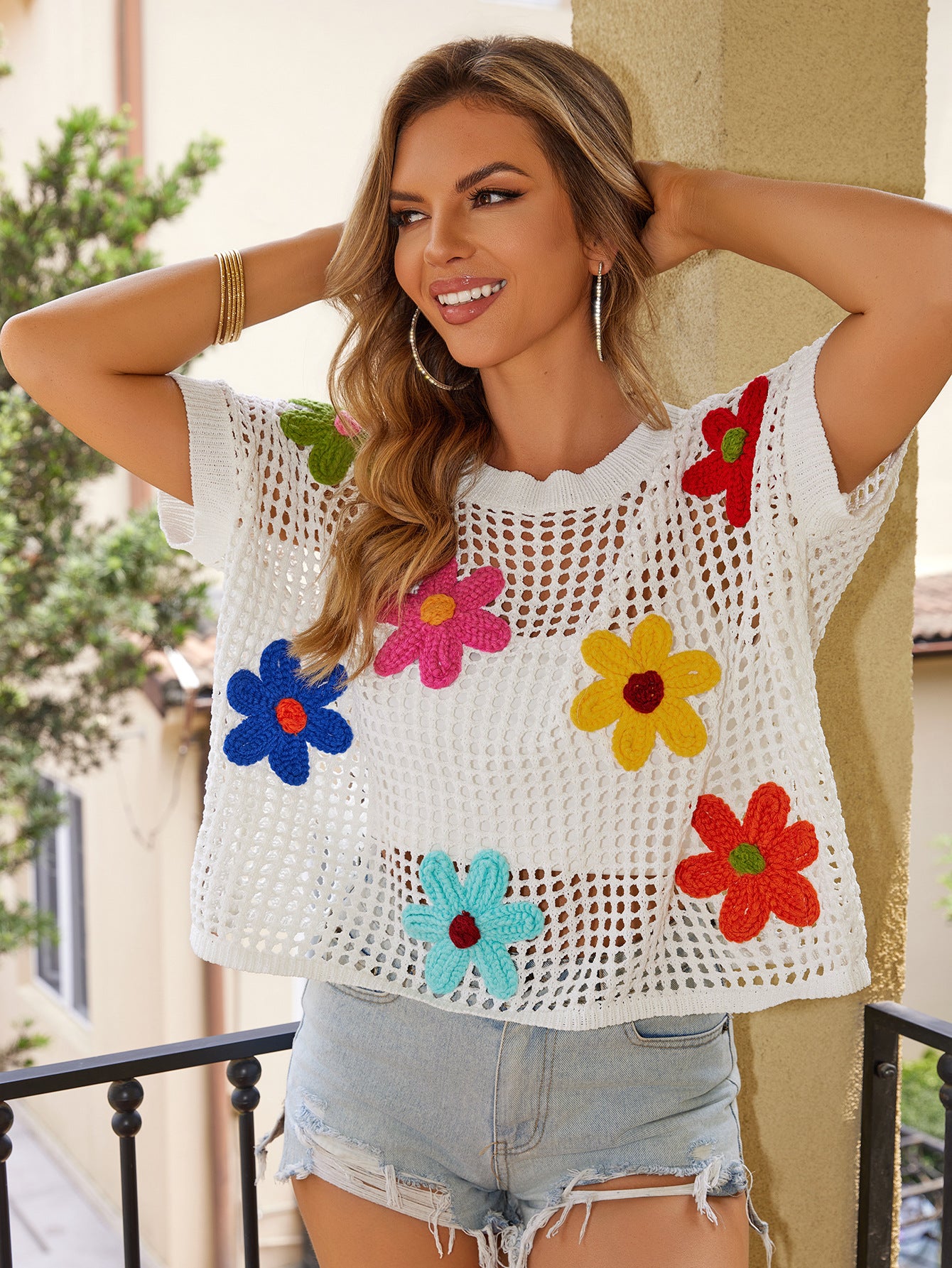 Women Summer Pullover Contrast Round Neck hollow stripe top