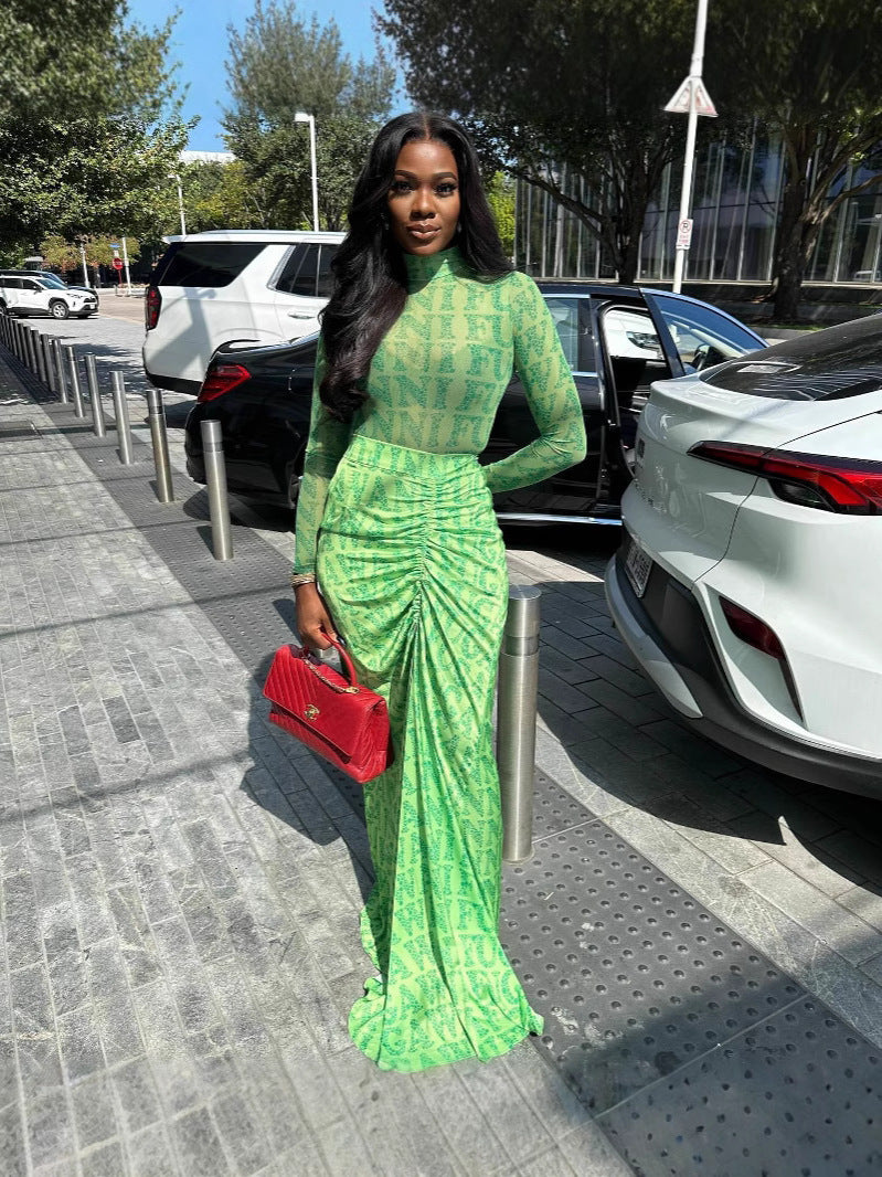 Women Fall/Winter Mesh Top And Long Skirt Two Piece Set 6