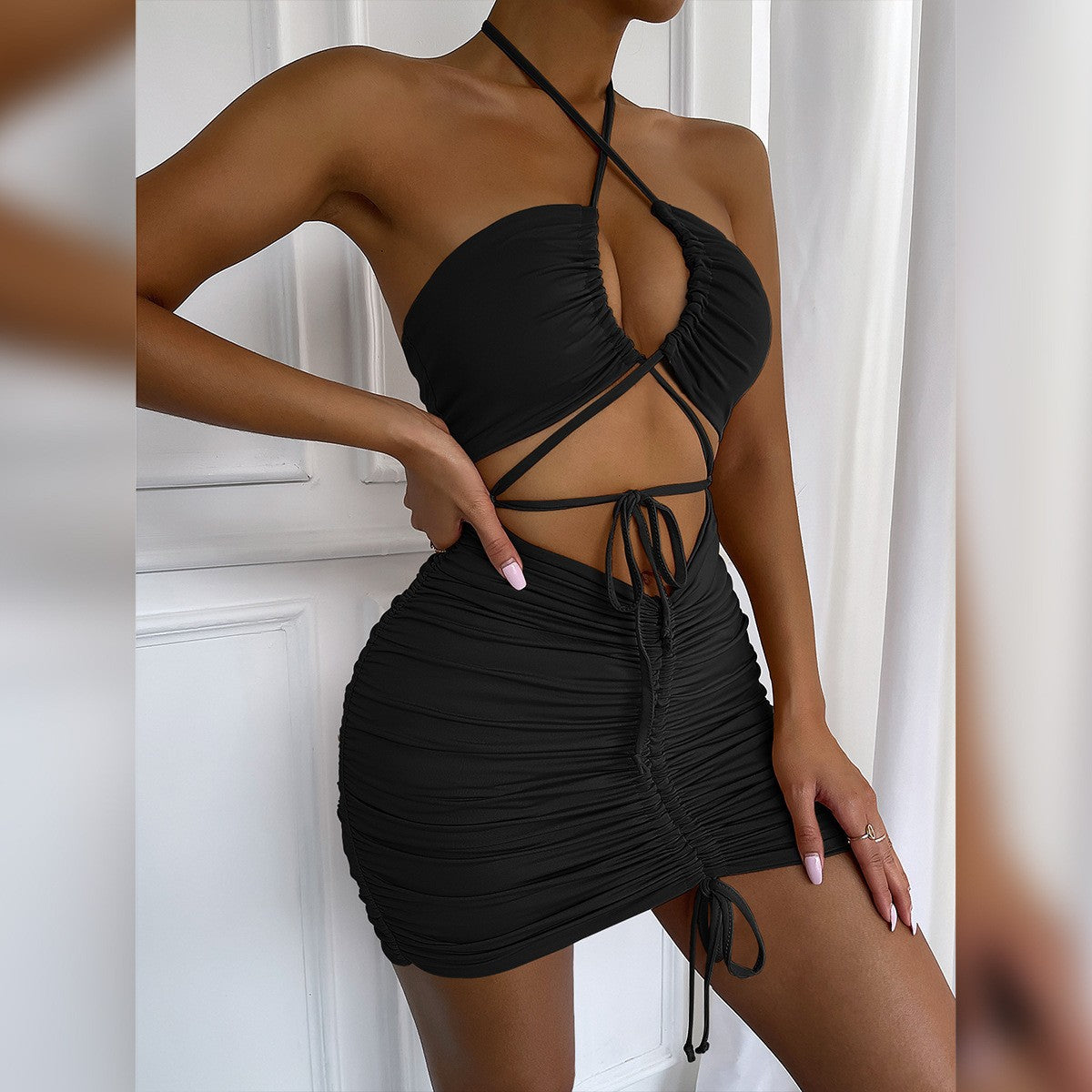 Women's Summer Sexy Strap Hollow Lace-Up Pleated Bodycon Dress 7