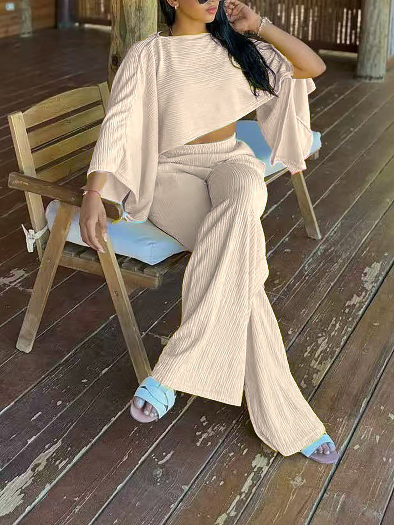 Women's Fashion Sexy Beach Holidays Solid Slash Shoulder Irregular Top with Elastic Waist Pockets Long Pants Set