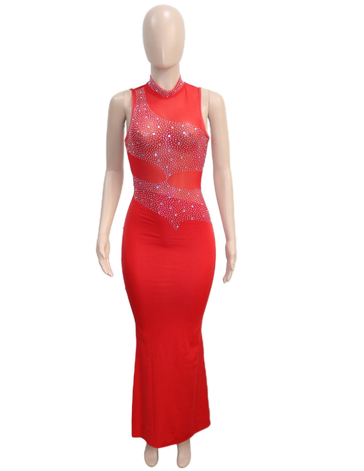 Winter Sexy Red Beaded Mesh Patch Sleeveless Evening Dress 5