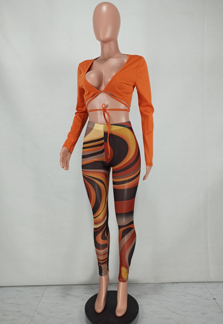 Fall Sexy Orange Wrap Tied Long Sleeve Crop Top and Printed Tight Pants Set 6
