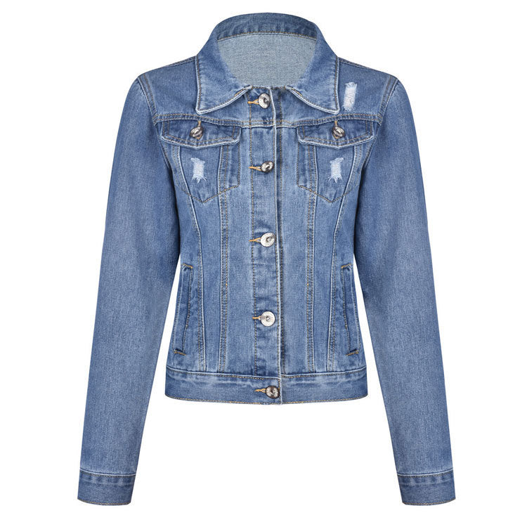 Women Ripped Long Sleeve Denim Jacket 6