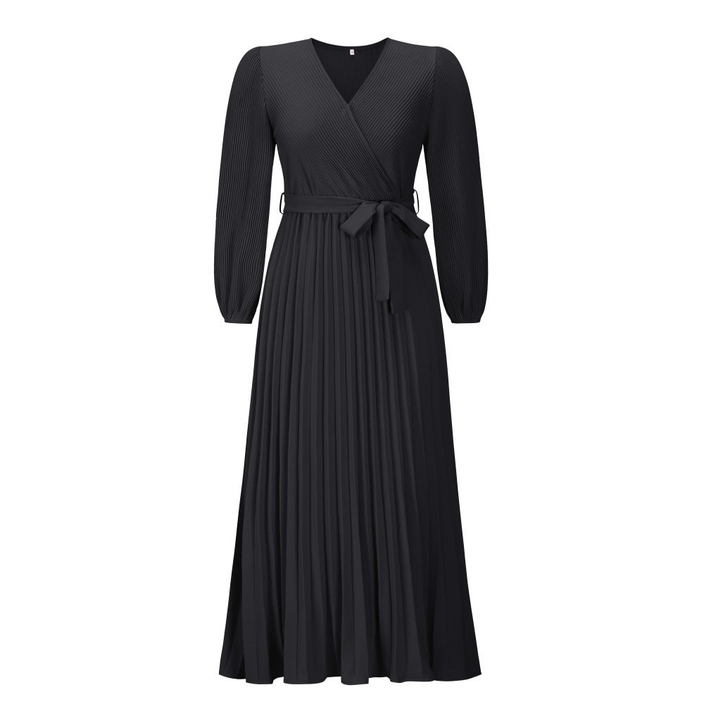 Women Autumn V-Neck Long Sleeve Pleated Maxi Dress 8