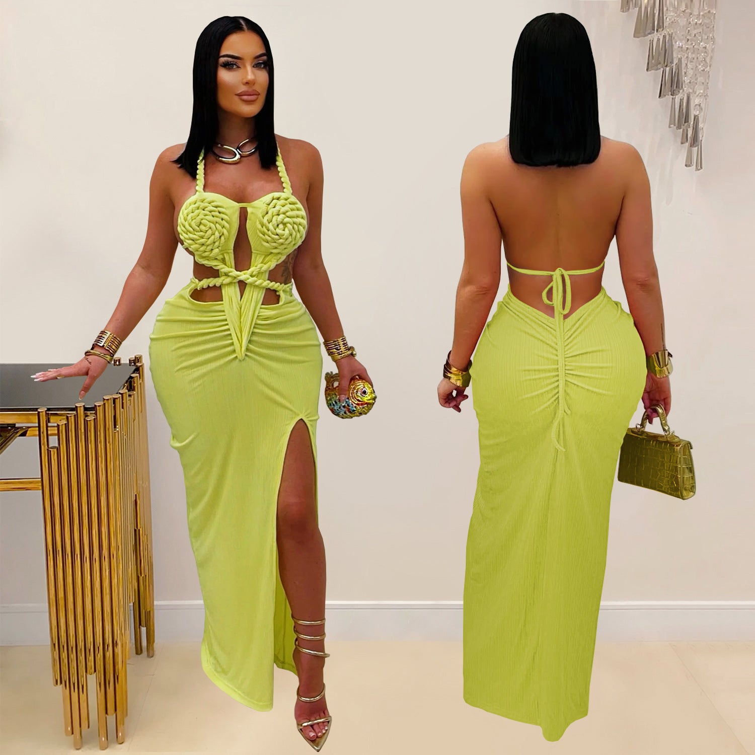 Women sexy knitting Halter Neck Backless Solid Dress 7