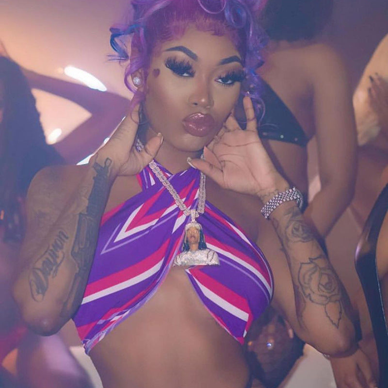 Women's Spring Summer Contrast Print Sleeveless Halter Neck Crop Top & Skirt Set 5