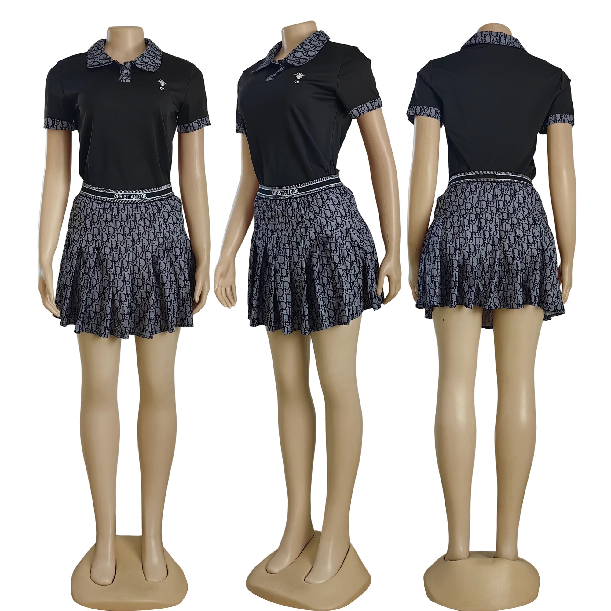Women Casual sports Turndown Collar short sleeve Top and sexy pleated Skirt two-piece set 4