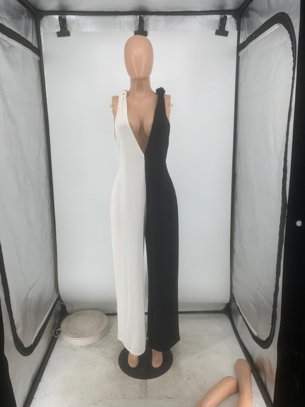 Women's Black And White Contrast V-Neck Straps Wide Leg Jumpsuit 10