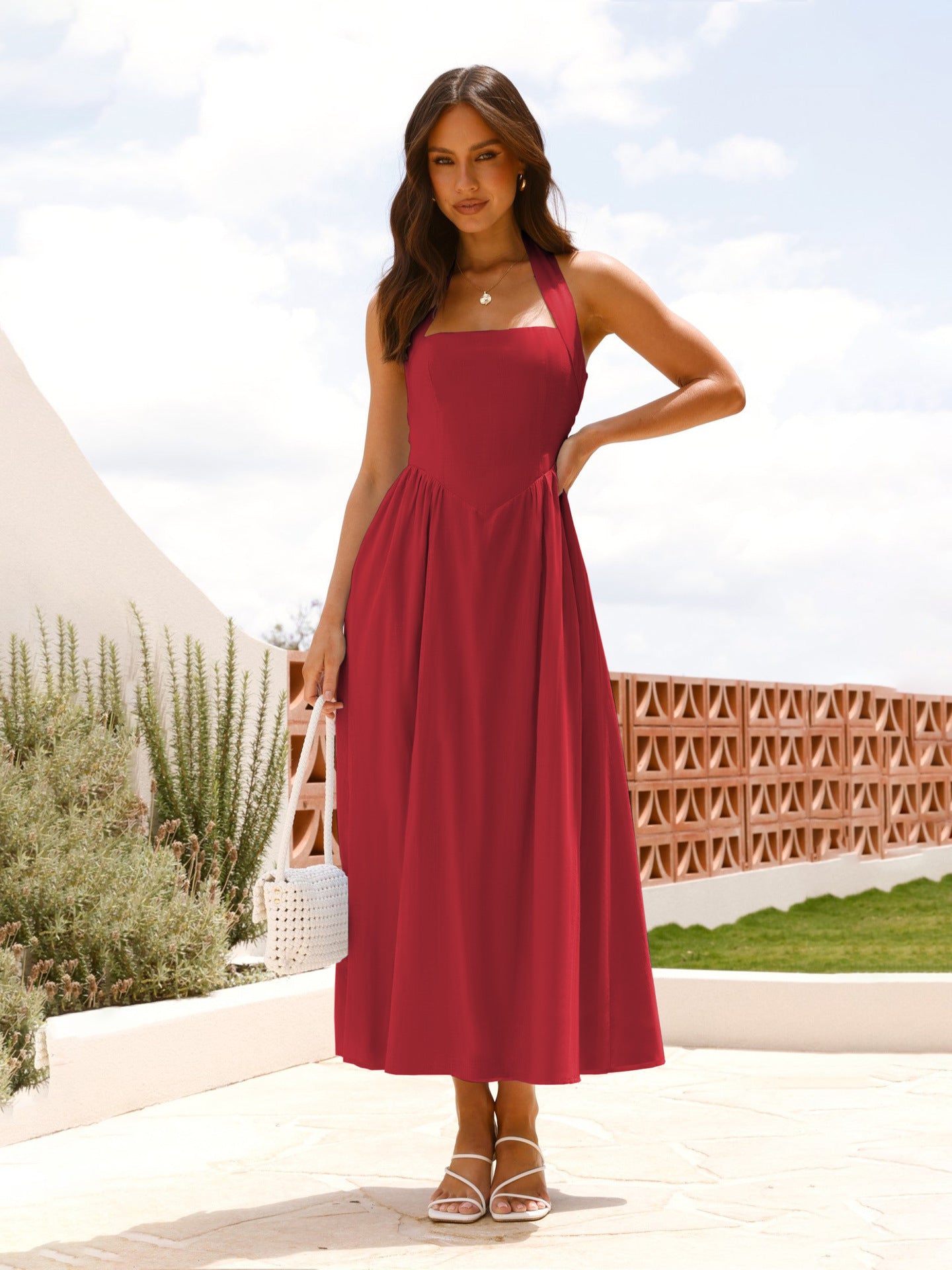 Women's Chic Solid Slim-Waist Halter Neck Low-Back A-line Dress 5