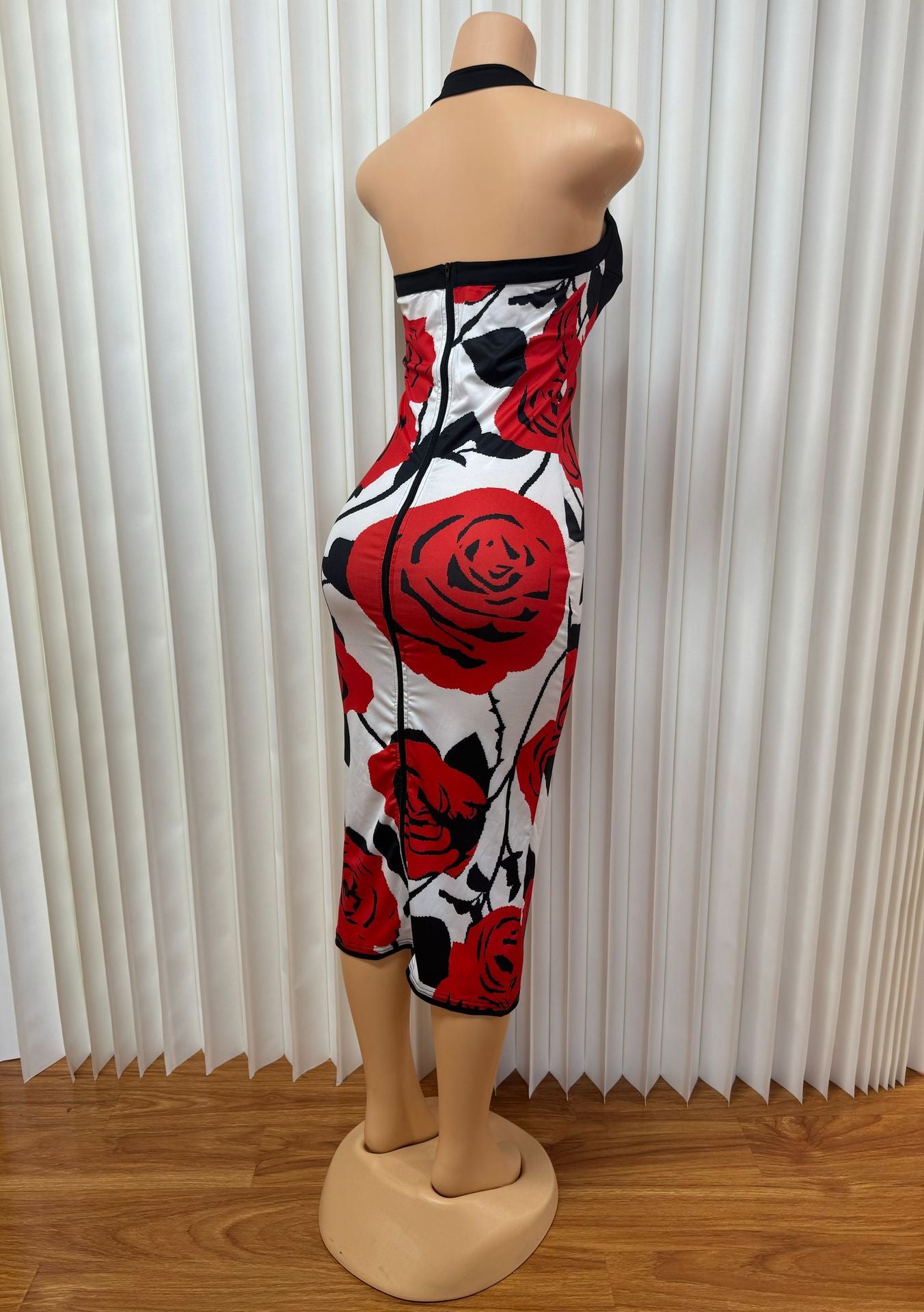 Women Rose Sexy Halter Neck Metal Button Backless Dress 8