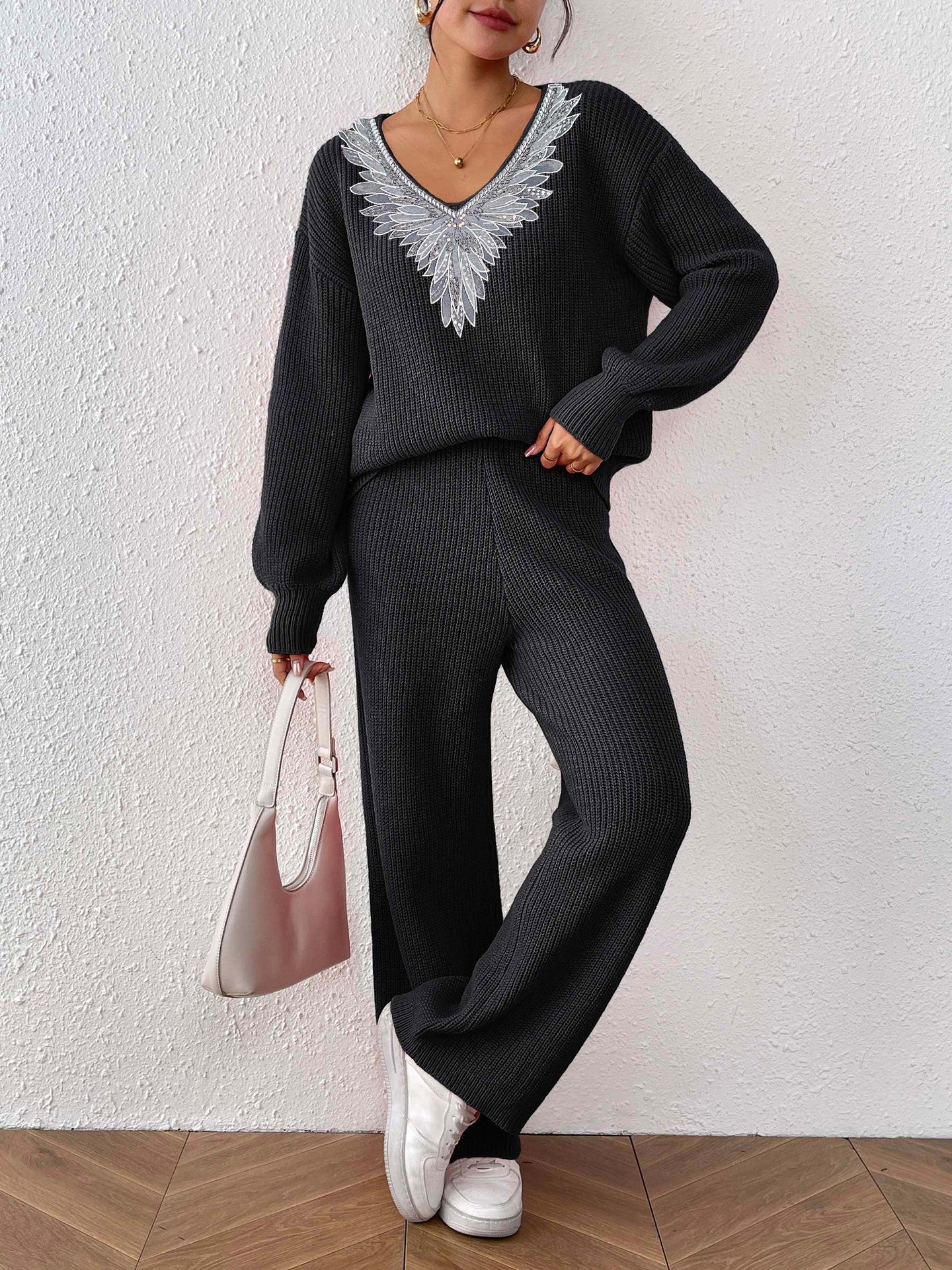 Women's Knitted V-Neck Loose Top & Solid Wide Leg Straight Pants Sweater Two-Piece Set 3