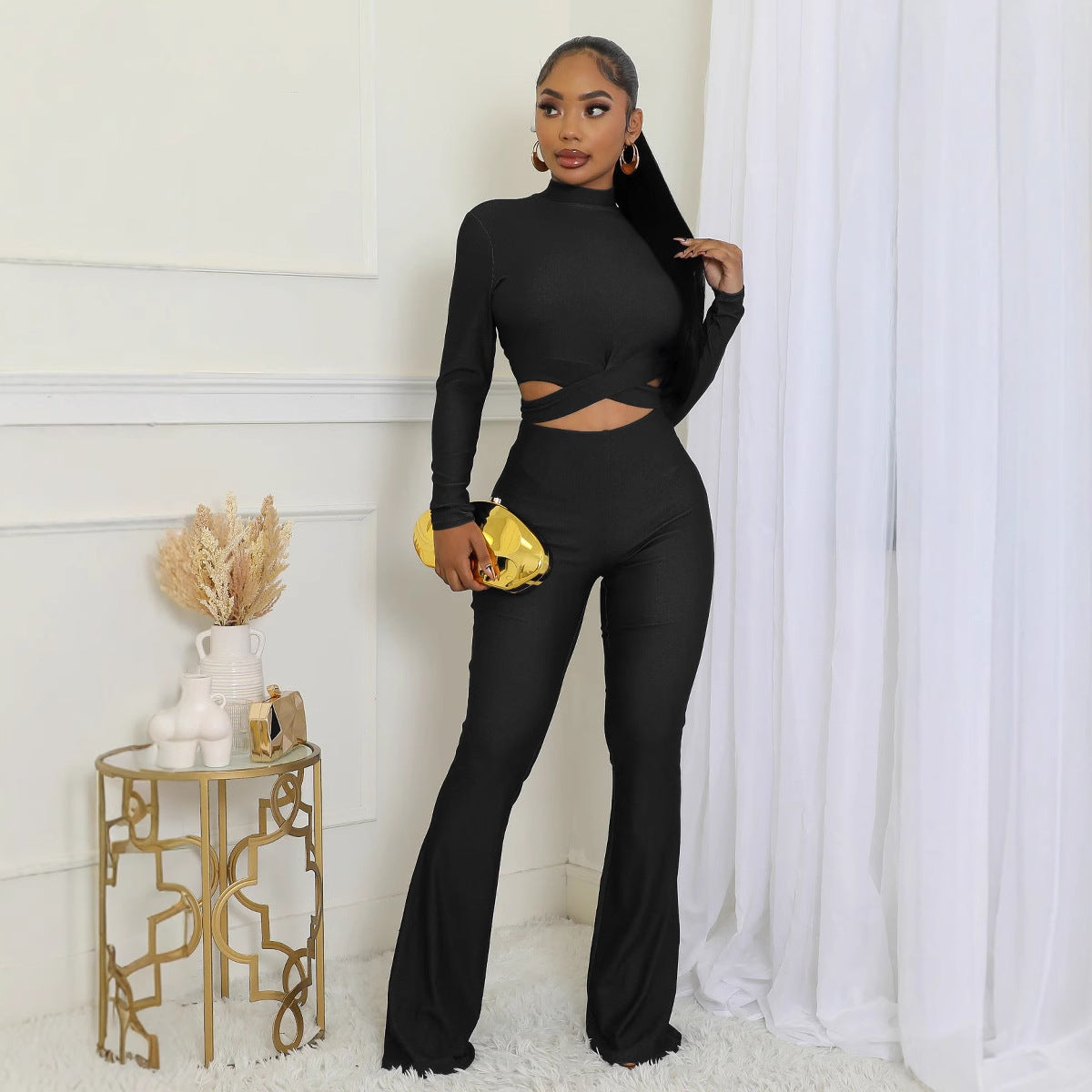 Long-Sleeved Tight Slim Top High Waist Bell Bottom Stretch Pants Set 6