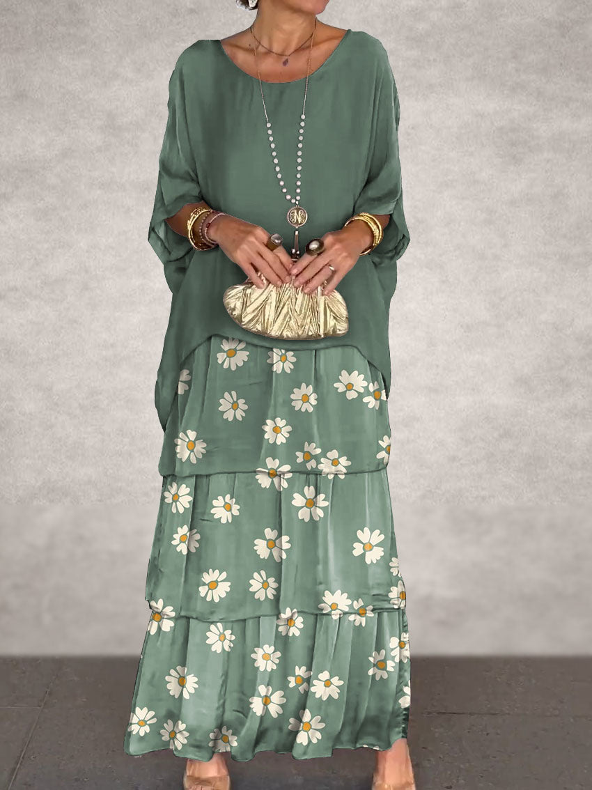 Women chiffon mesh Bat Sleeves Round Neck Long Dress 11