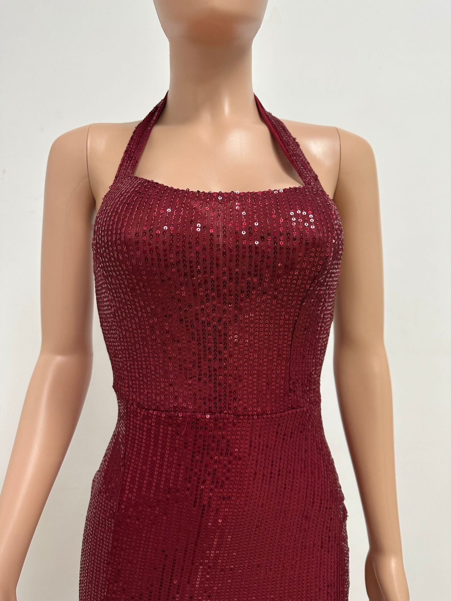 Women Sleeveless Halter Neck Backless Sequin Slit Evening Dress 43