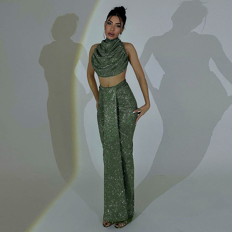 Sexy Halter Backless Top High Waist Bodycon Long Skirt Fashion Women Two Piece Set