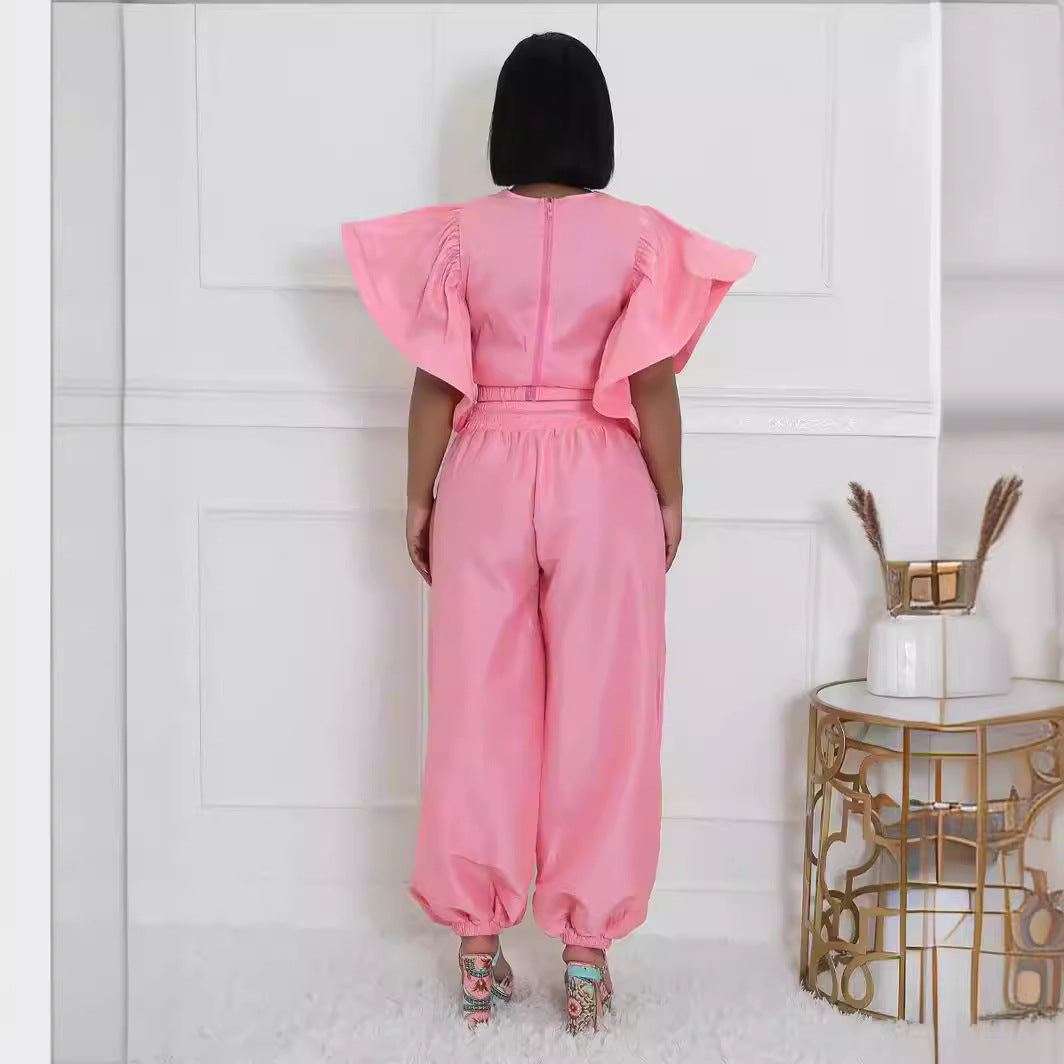 Women Ruffle Edge Sleeve Lace-Up Top and Elastic Pants Two-piece Set 7