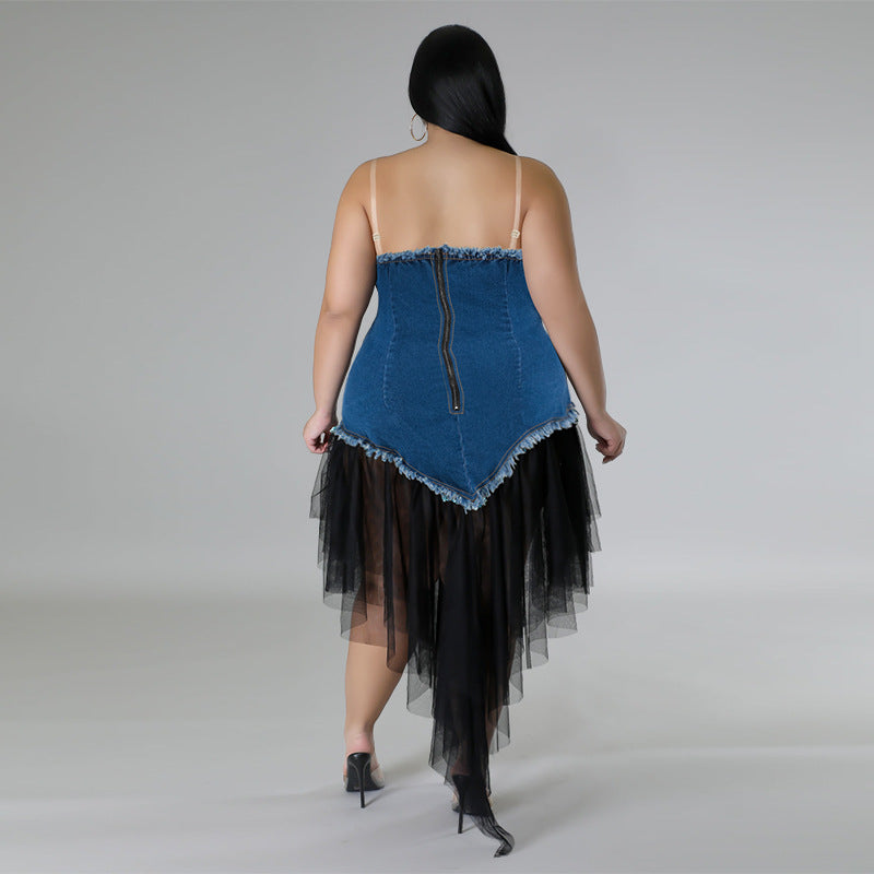 Plus Size Women Suspender Off Shoulder Denim Patchwork Mesh Dress 5