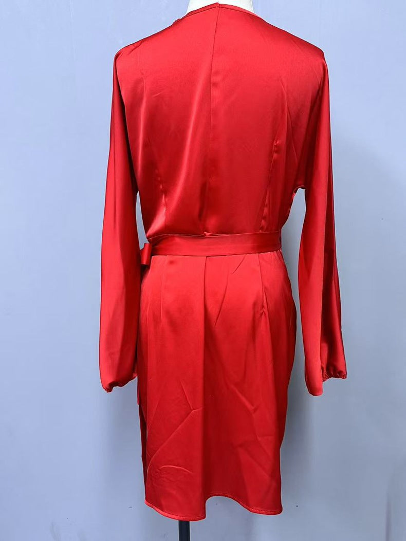 Women Spring Summer Sexy Lace-up Satin Dress 8