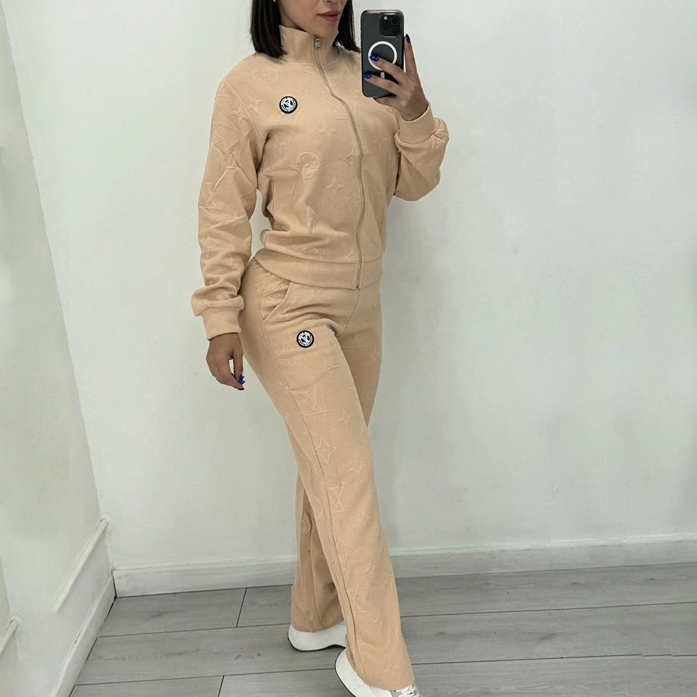 Women Embossed Embroidered Sport Ribbed Zipper Top and Pant Two Piece