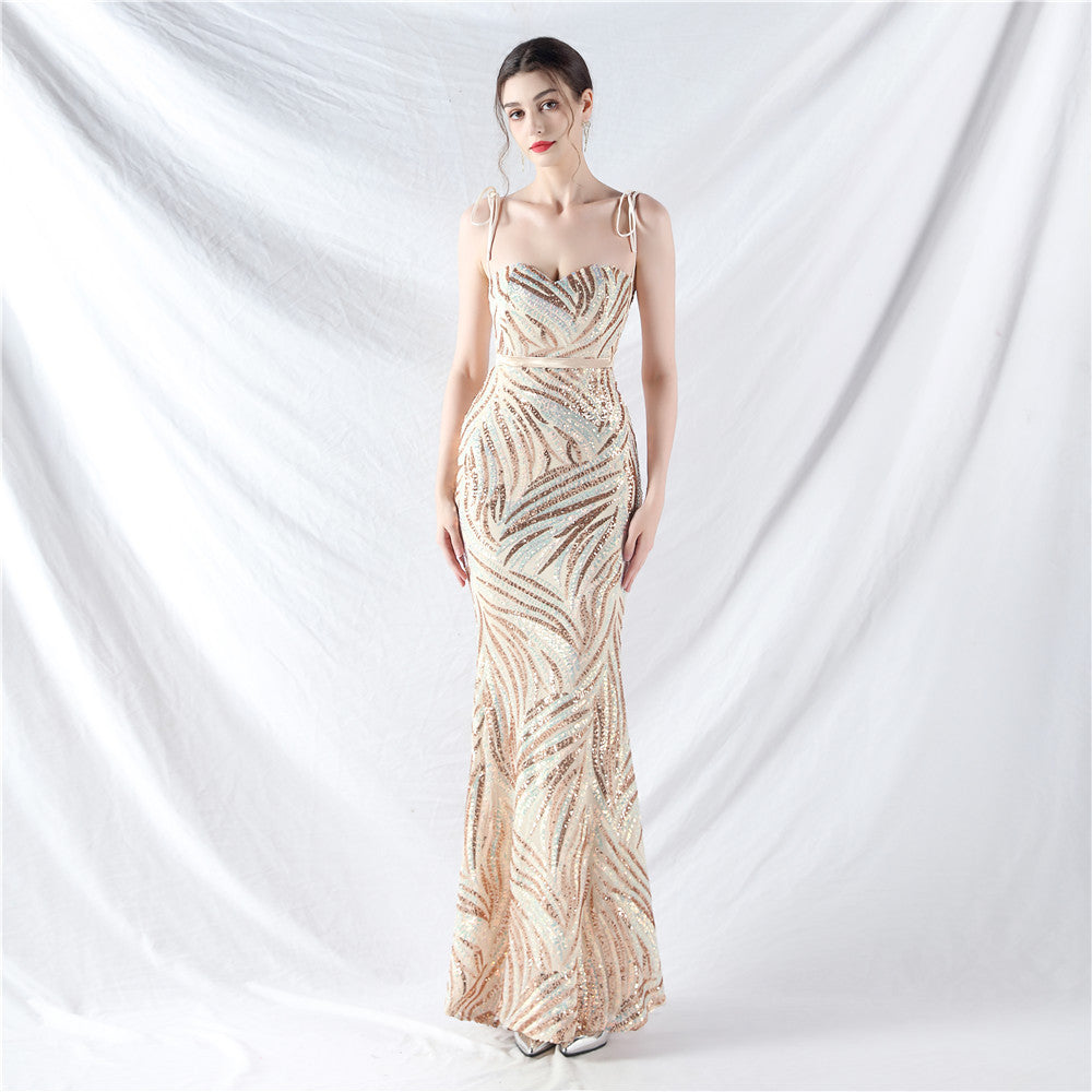 Elegant Strapless Lace-Up Strap Sequin Evening Dress 14