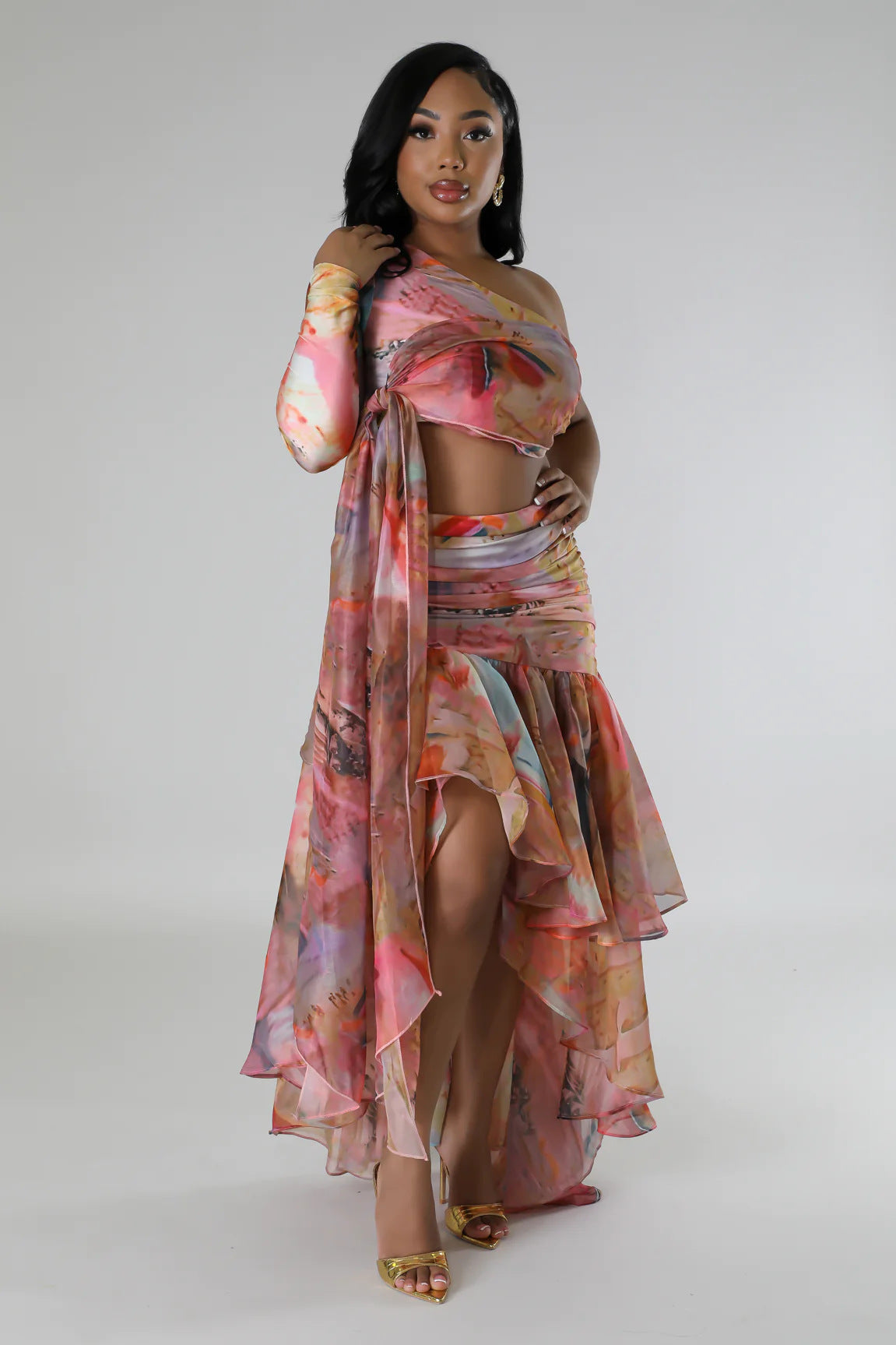 Autumn Women's Oil Painting Print Sexy High Slit Two-Piece Skirt Set 7