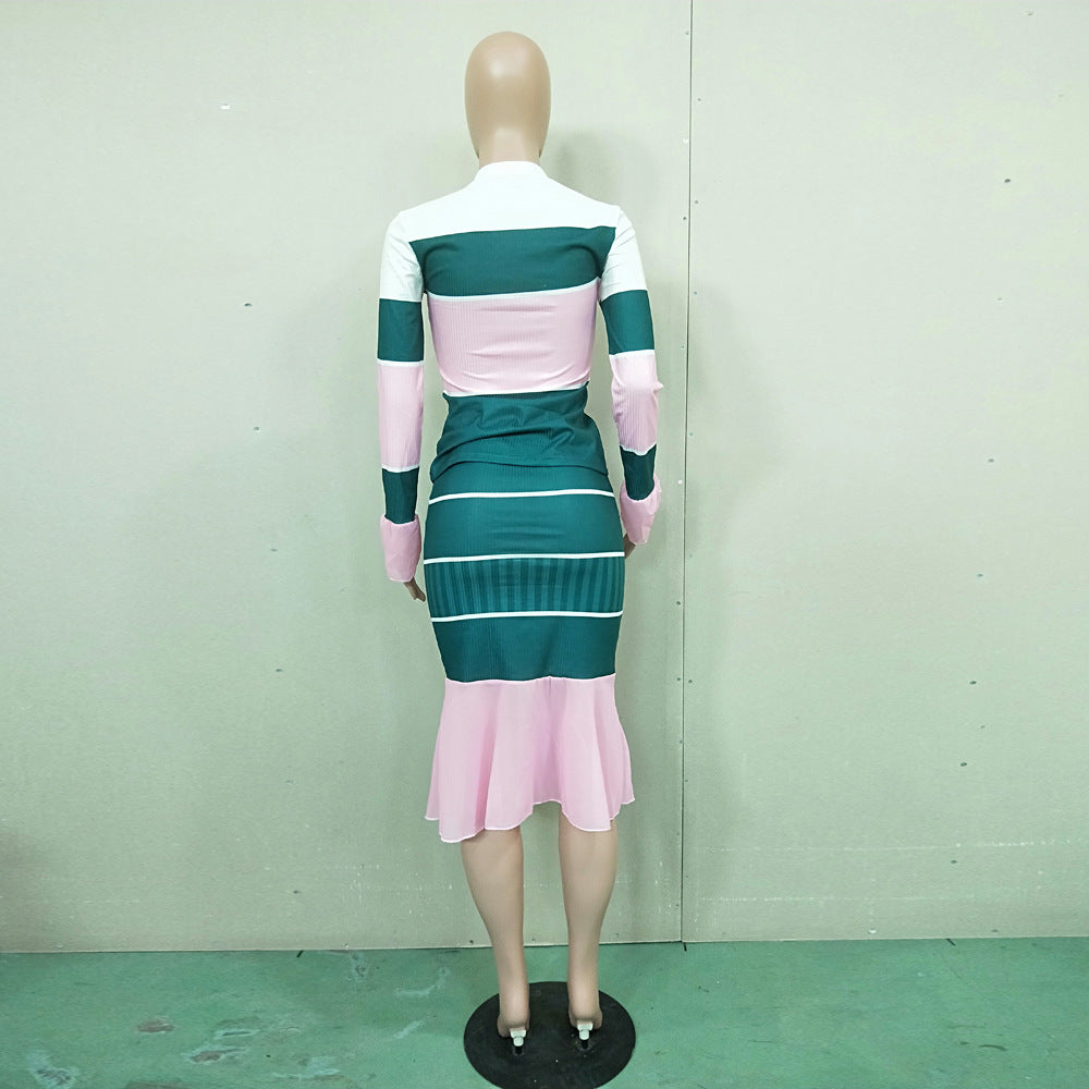 Women Fall Casual Striped Chiffon Patchwork Long Sleeve Top + Pants Two Piece Set 17