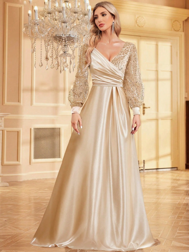 Women Silk V-neck long-sleeved fishtail sequined Formal Party evening dress 13