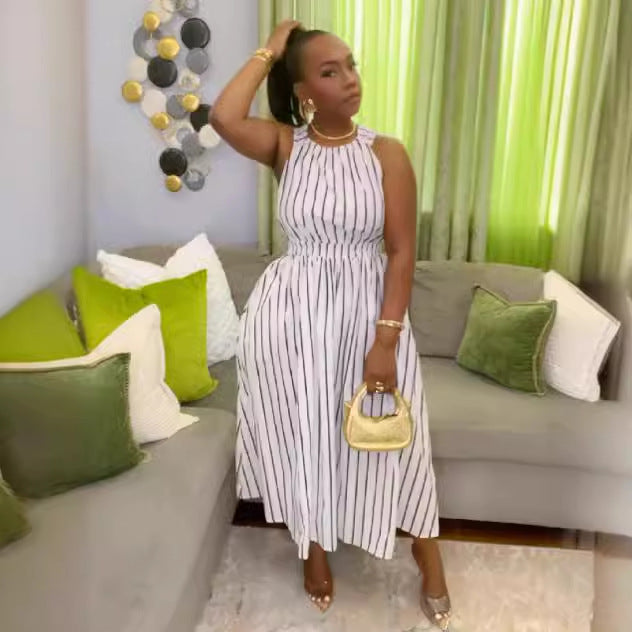 Women Striped Round Neck Sleeveless Backless Cross Straps Dress 5