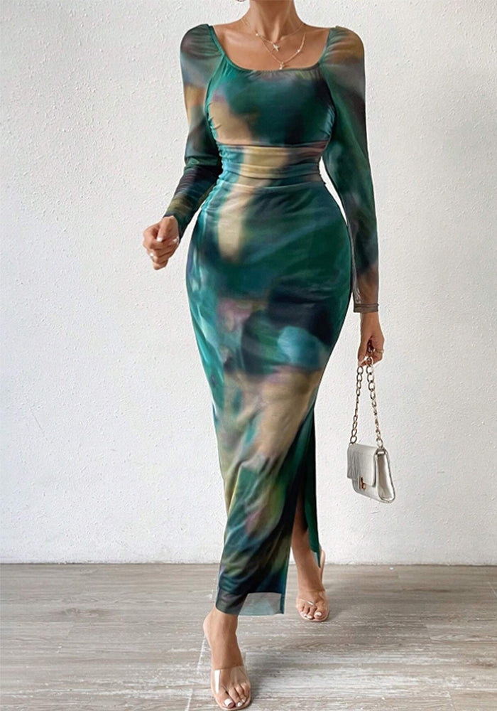 Off-Shoulder Floral Print Slit Long-Sleeve Slim Long Dress