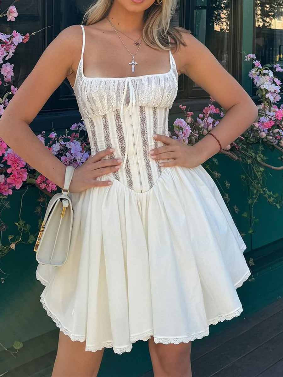 Women Sexy Lace Backless Sexy White Suspender Skirt Tutu Skirt 4