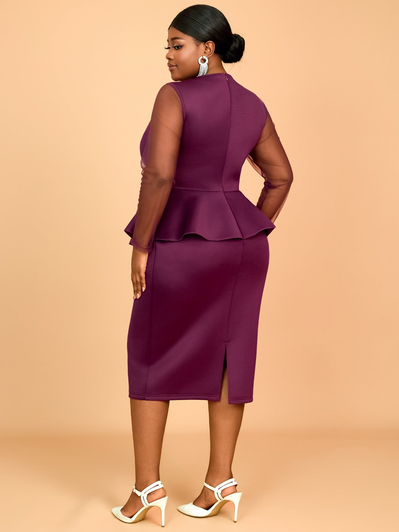 Plus Size See Through Long Sleeve Ruffle Bodycon Dress 7