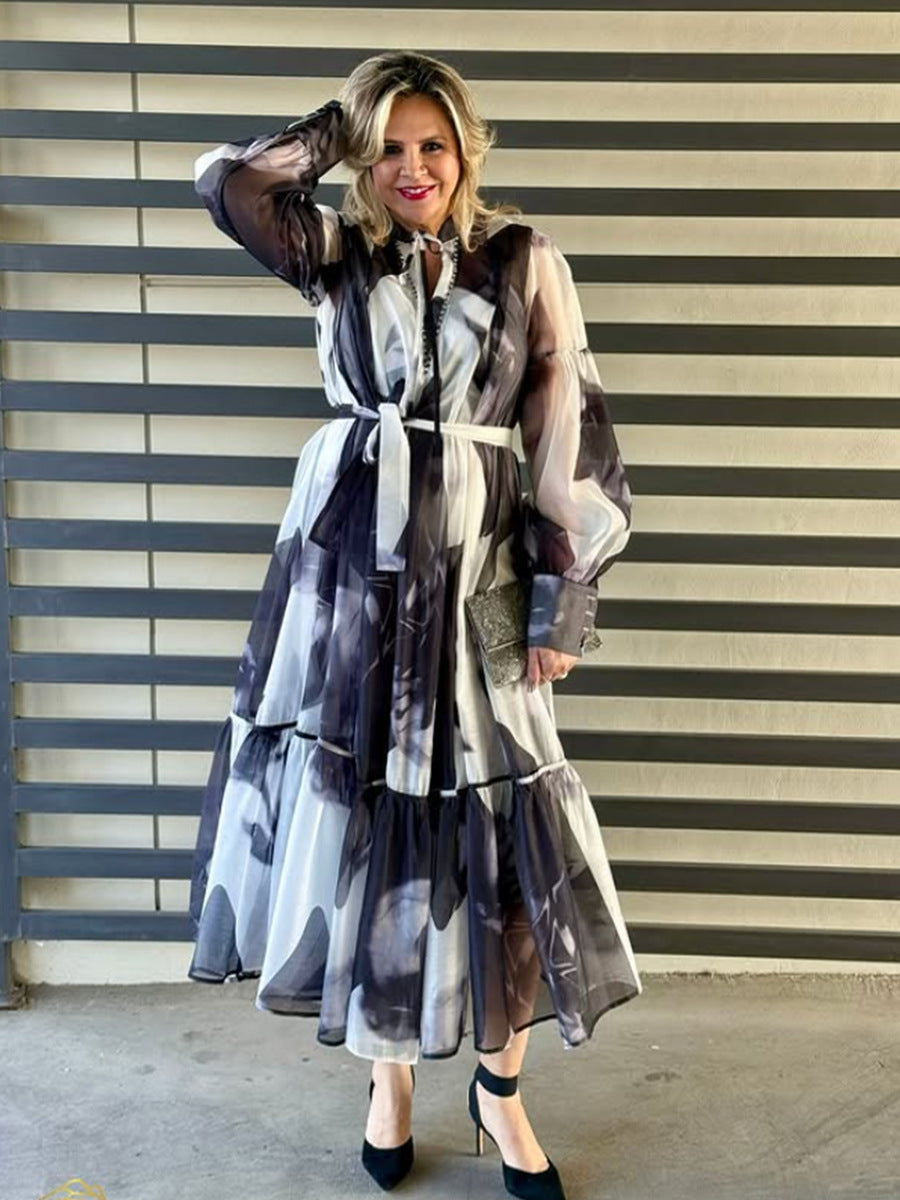 Women Vintage Paint Print Belt V-neck Long Sleeve Dress 6