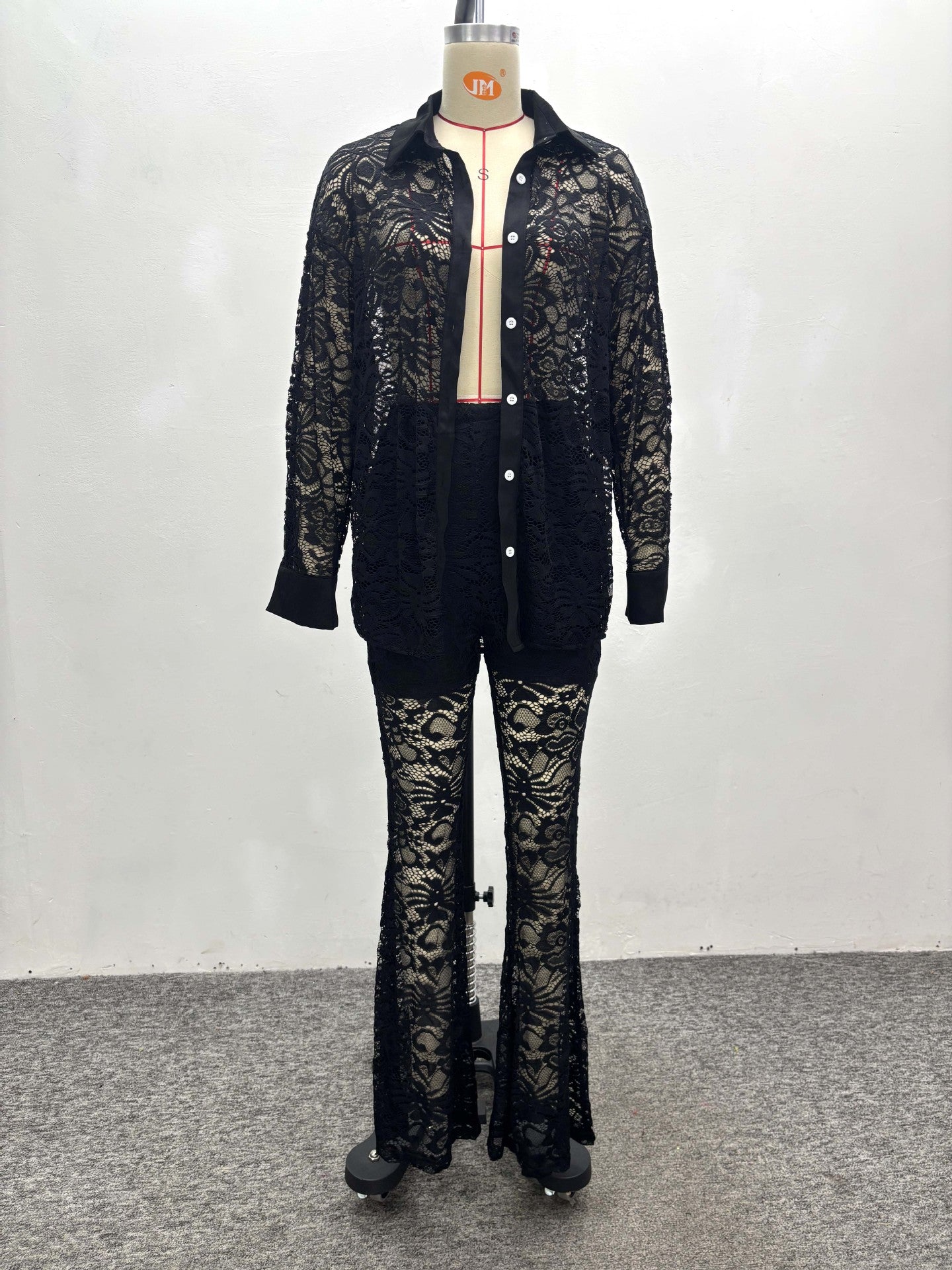 Women Hollow White Cardigan Lace Shirt and Wide-leg Pants Two-piece Set 16