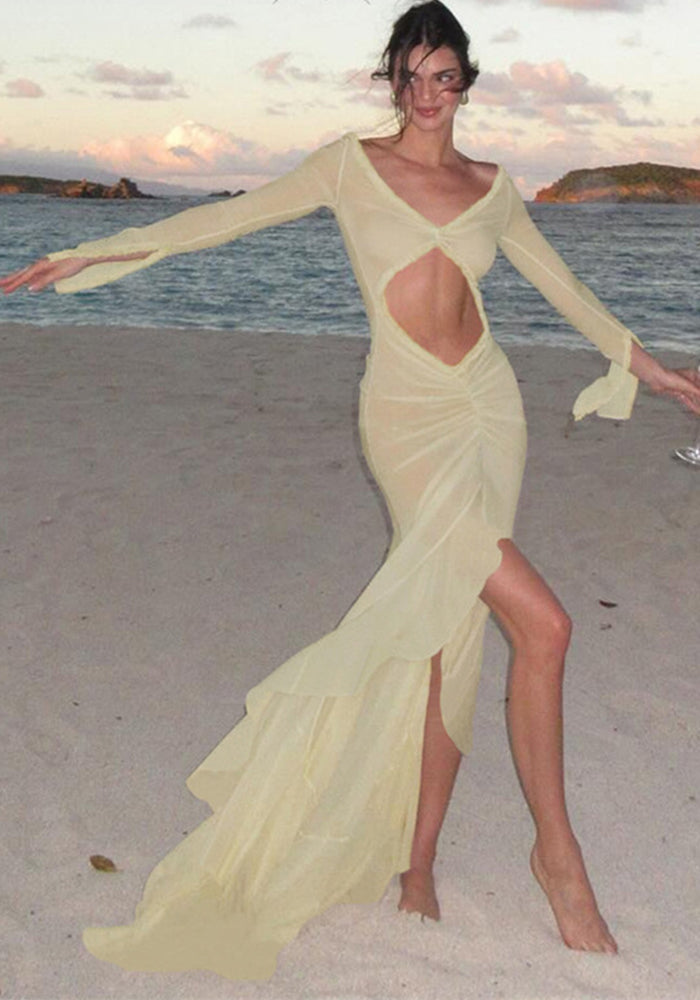 Summer Women's V-Neck Sheer Sexy Cutout Slim Log Dress