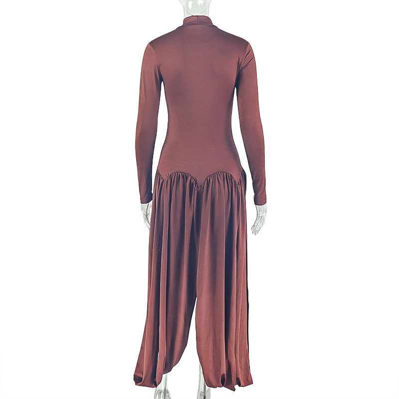 Women Slash Solid Pleated Elegant Turtleneck Long Sleeve Bodycon Dress 13
